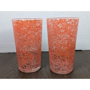 LOT OF 2 VTG MCM Spaghetti Glasses Tumblers Orange Drinkware Retro Barware 5"
